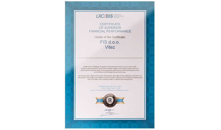 FIS - Certifikat bonitetne pouzdanosti 2016